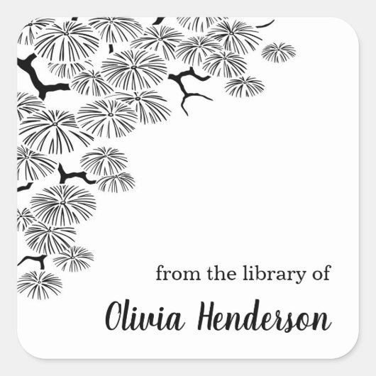 Elegante Pine Branch Bookplate uit de bibliotheek Vierkante Sticker (Voorkant)