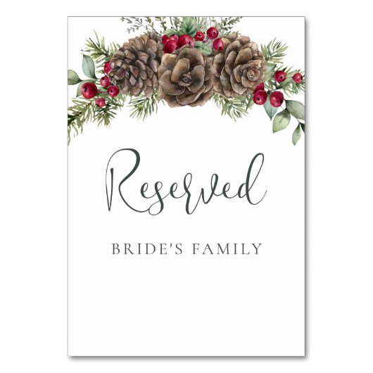 Elegante Pine Cone Christmas Wedding Reserved Sign Kaart (Voorkant)