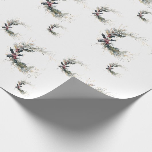 Elegante Pine en Holly Krans met gouden accenten Cadeaupapier (Hoek)