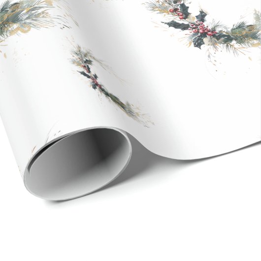 Elegante Pine en Holly Krans met gouden accenten Cadeaupapier (Rol Hoek)