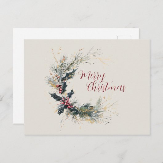 Elegante Pine en Holly Krans met gouden accenten Feestdagenkaart (Voorkant / Achterkant)