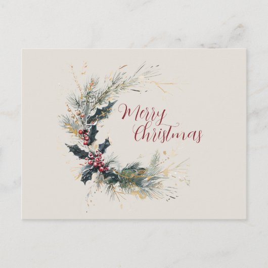 Elegante Pine en Holly Krans met gouden accenten Feestdagenkaart (Voorkant)