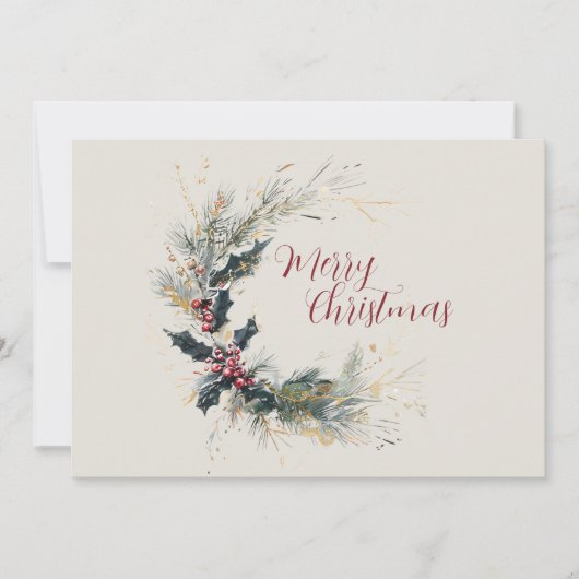 Elegante Pine en Holly Krans met gouden accenten Feestdagenkaart (Voorkant)