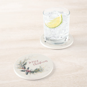 Elegante Pine en Holly Krans met gouden accenten Zandsteen Onderzetter