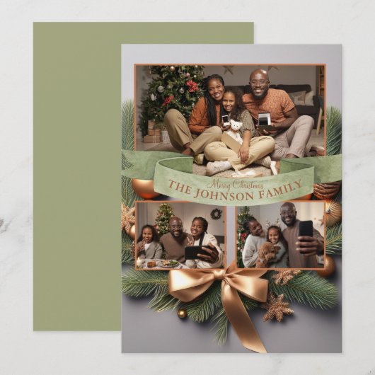 Elegante Pine Gold Ribbon Familie Kerst Kaart (Voorkant / Achterkant)