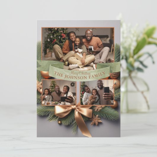 Elegante Pine Gold Ribbon Familie Kerst Kaart (Staand voorkant)