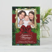 Elegante Pine/Rood/Goud Lijst Foto Kerst Kaart (Staand voorkant)
