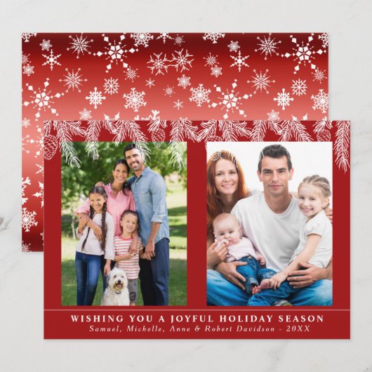 Elegante Pine Snowflakes Familie Foto's Kerstmis Feestdagenkaart (Voorkant / Achterkant)