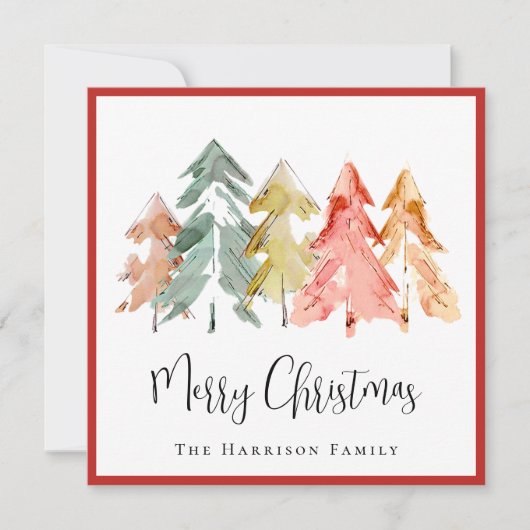 Elegante Pine Tree Waterverf Foto Kerstmis Feestdagenkaart (Voorkant)