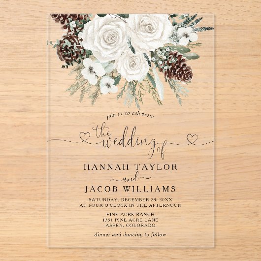 Elegante Pine Winter Wedding Acryl Uitnodigingen (Voorkant)