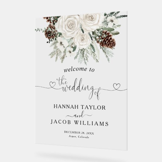 Elegante Pines Winter Wedding Welkom Acryl Bord (Hoek)