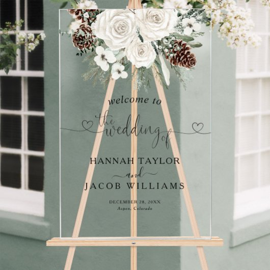 Elegante Pines Winter Wedding Welkom Acryl Bord