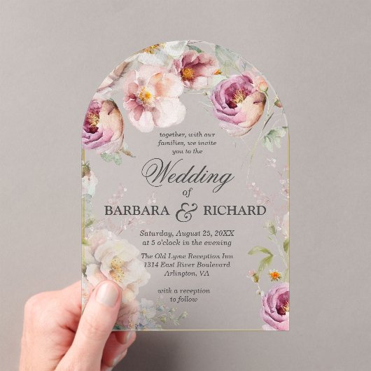 Elegante Pink Arch Wildflower Waterverf bruiloft Acryl Uitnodigingen (Insitu (Draagbaar))