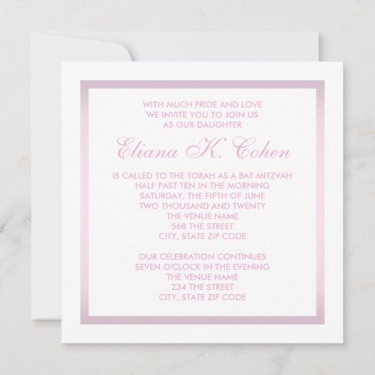 Elegante Pink Bat Mitswa Uitnodigingen (Achterkant)