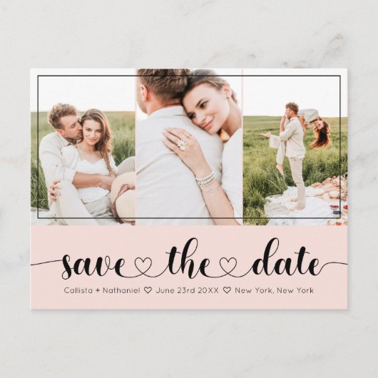 Elegante Pink Black Heart Typografie Save the Date Aankondigingskaart (Voorkant)