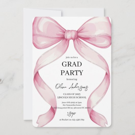 Elegante Pink Bow Graduation Party Kaart (Voorkant)