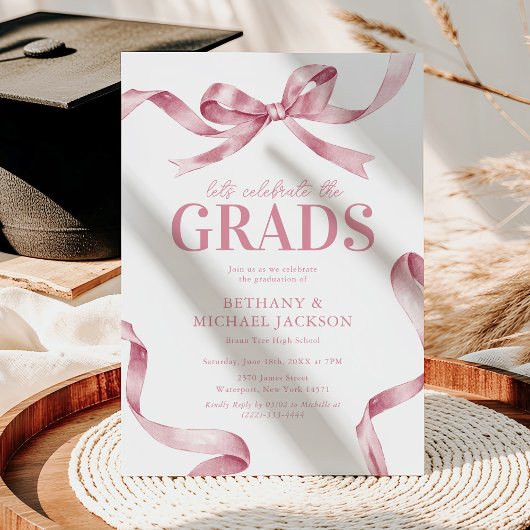 Elegante Pink Bow Joint Graduation Party Kaart