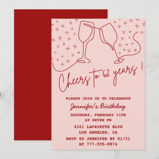 Elegante Pink Cheers Champagne 62ste verjaardag Kaart (Voorkant / Achterkant)