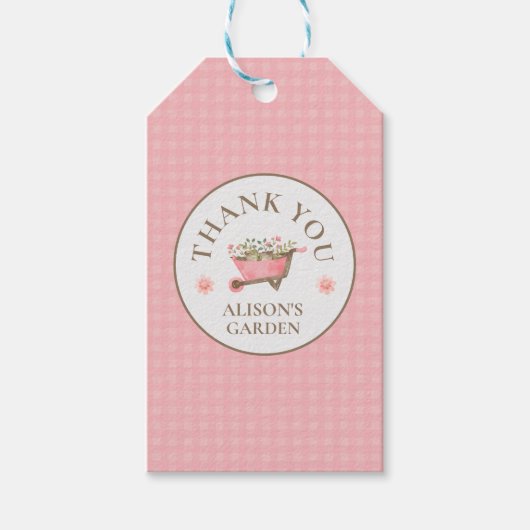 Elegante Pink Gingham Waterverf Tuin Dank u Cadeaulabel (Voorkant)