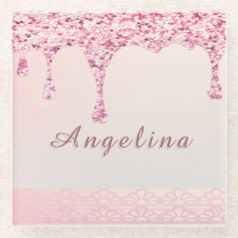 Elegante Pink Glam Glitter Drip Glazen Onderzetter