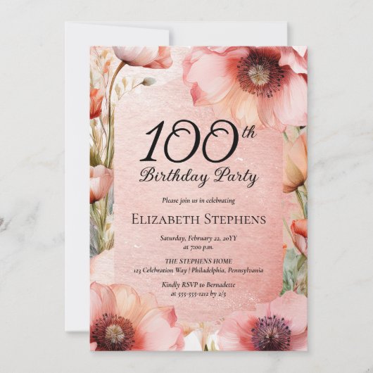 Elegante Pink Poppies Floral 100ste Verjaardagsfee Kaart (Voorkant)