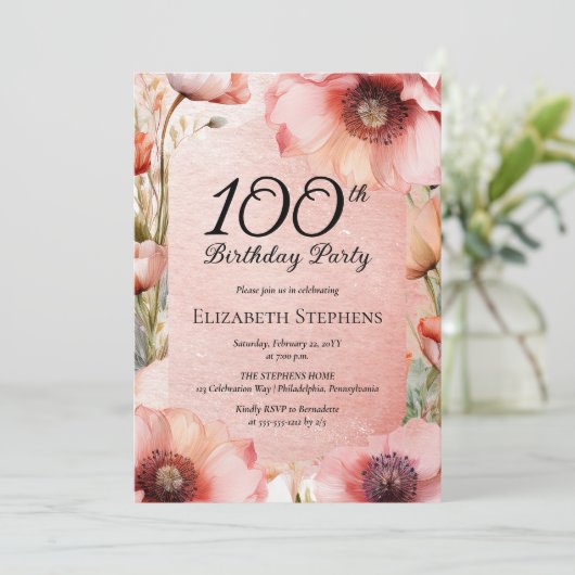 Elegante Pink Poppies Floral 100ste Verjaardagsfee Kaart (Staand voorkant)