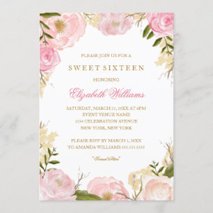 Elegante Pink Rose Sweet Sixteen uitnodiging