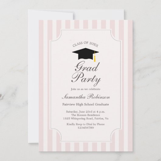 Elegante Pink Stripes Graduation Party Uitnodiging (Voorkant)