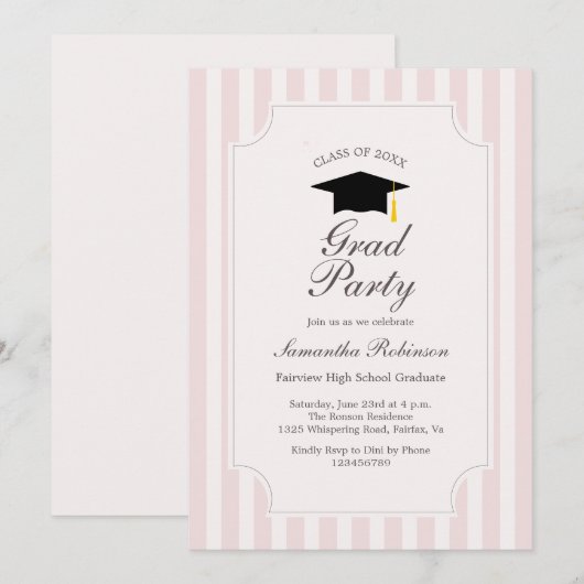 Elegante Pink Stripes Graduation Party Uitnodiging (Voorkant / Achterkant)