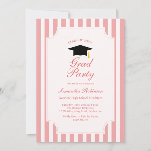 Elegante Pink Stripes Graduation Party Uitnodiging (Voorkant)
