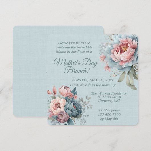 Elegante Pioen Bloemen Moederdag Brunch Kaart (Voorkant / Achterkant)