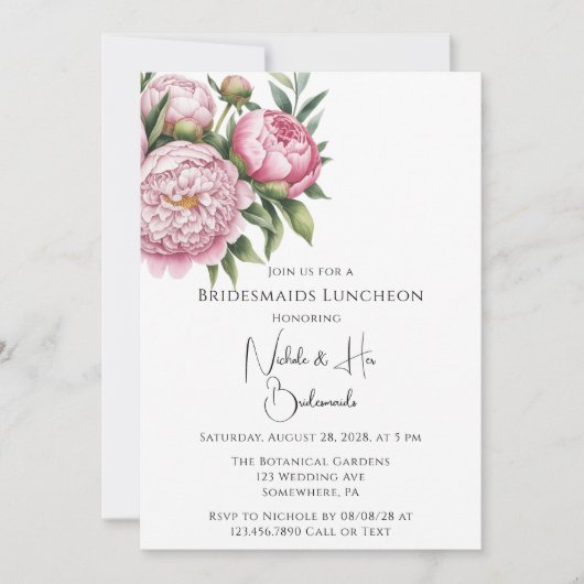 Elegante pioen bloemenbruidsmeisjes lunch kaart (Voorkant)