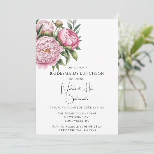 Elegante pioen bloemenbruidsmeisjes lunch kaart (Staand voorkant)