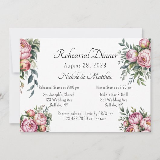 Elegante pioen bloemenbruiloft repetitie diner kaart (Voorkant)