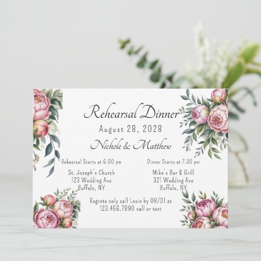 Elegante pioen bloemenbruiloft repetitie diner kaart (Staand voorkant)