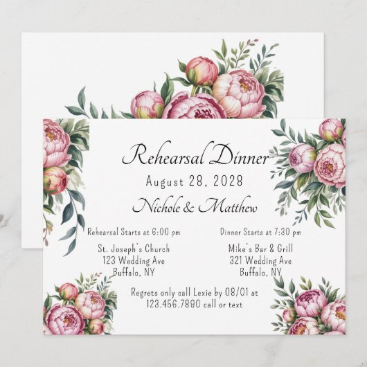 Elegante pioen bloemenbruiloft repetitie diner kaart (Voorkant / Achterkant)