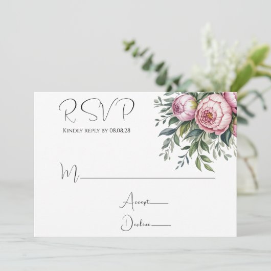 Elegante pioen bloemenbruiloft RSVP Kaarten (Staand voorkant)