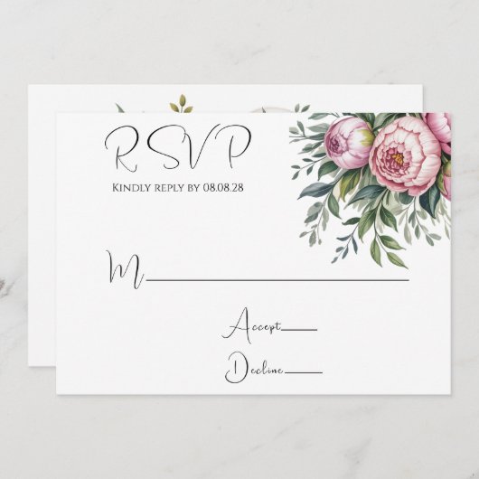 Elegante pioen bloemenbruiloft RSVP Kaarten (Voorkant / Achterkant)