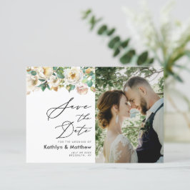 Elegante Pioen Bloemige Groene Script Foto Huwelij Save The Date