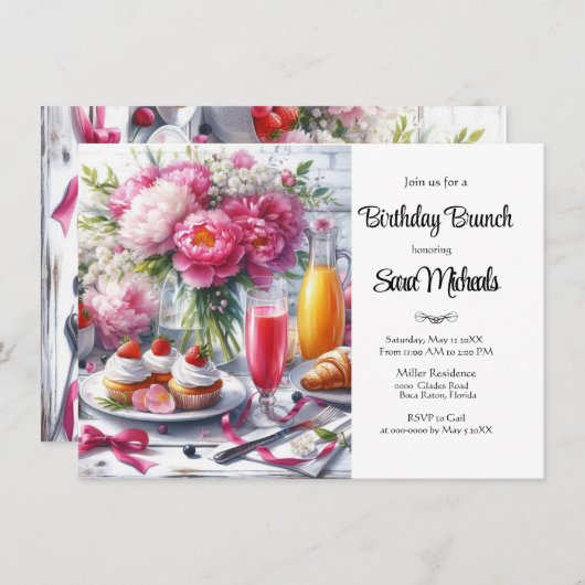 Elegante Pioen Bloemige Verjaardags Brunch Kaart (Voorkant / Achterkant)