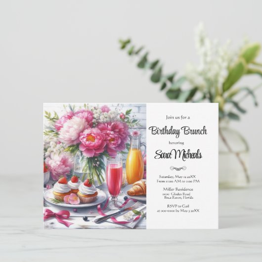 Elegante Pioen Bloemige Verjaardags Brunch Kaart (Staand voorkant)