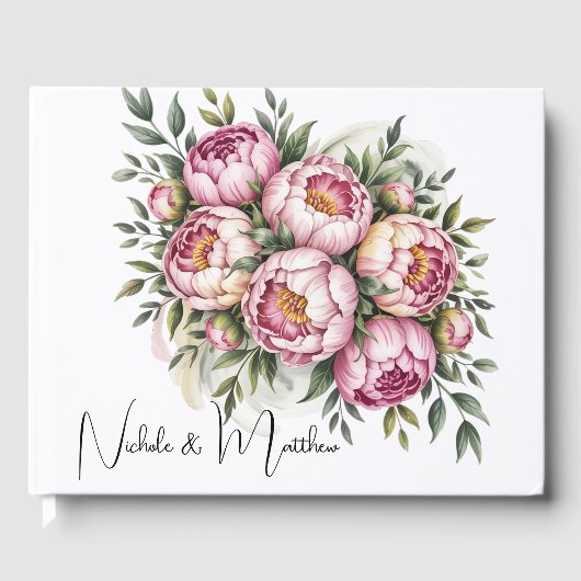 Elegante pioen bloemstuk bruiloft gastenboek (Voorkant)