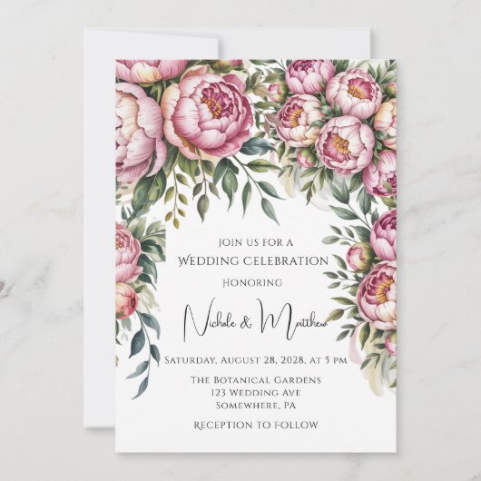 Elegante pioen bloemstuk bruiloft kaart (Voorkant)