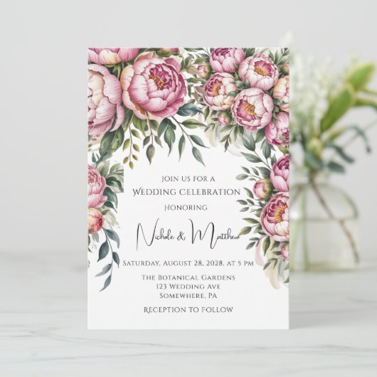 Elegante pioen bloemstuk bruiloft kaart (Staand voorkant)