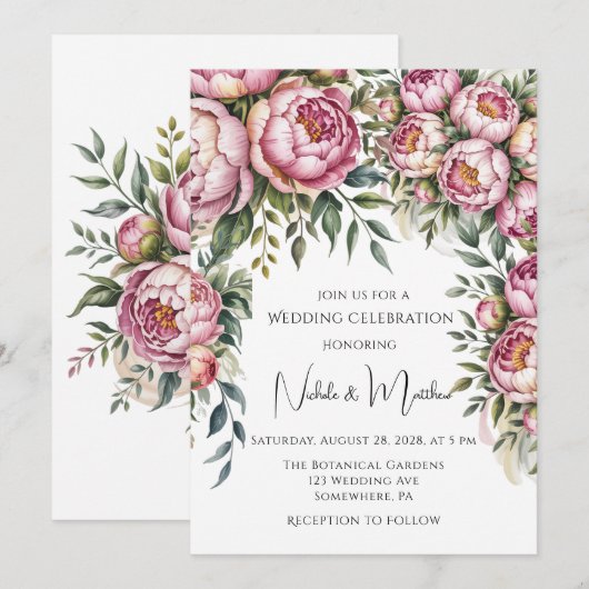 Elegante pioen bloemstuk bruiloft kaart (Voorkant / Achterkant)