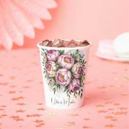 Elegante pioen bloemstuk bruiloft papieren bekers