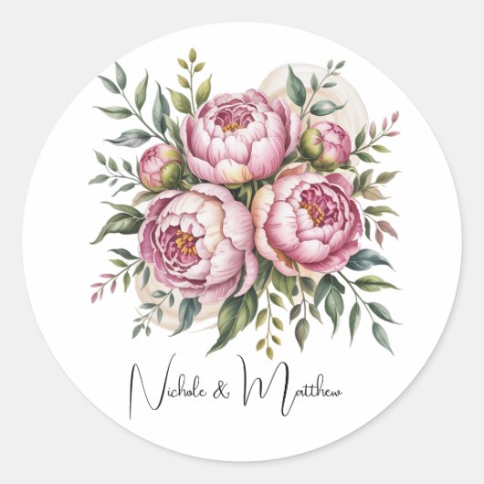 Elegante pioen bloemstuk bruiloft ronde sticker (Voorkant)