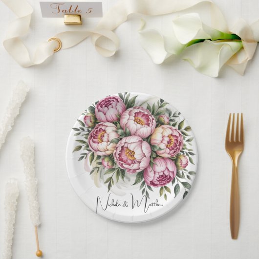 Elegante Pioen Bloemstukken Bruiloft Papieren Bordje (Huwelijk)