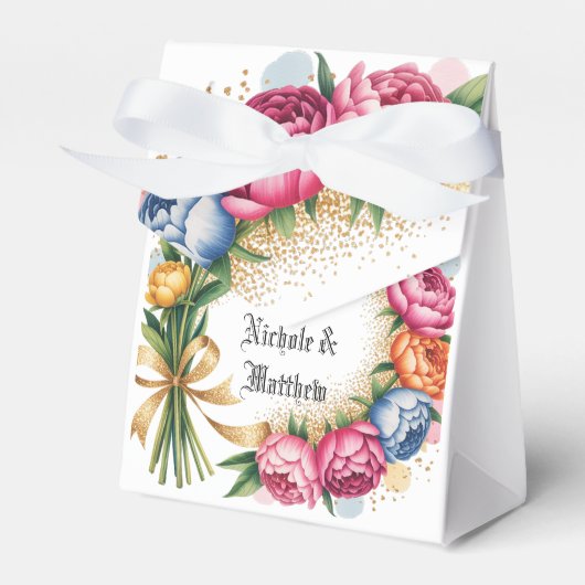 Elegante pioen boeket gouden glitter bruiloft bedankdoosjes (Voorkant Zijde)