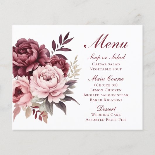 Elegante pioen Bourgondië Bloemen bruiloft Menu (Voorkant)